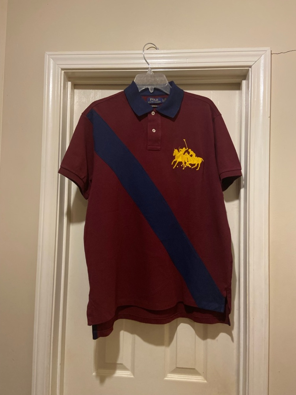 Polo by Ralph Lauren Men’s Burgundy Polo Shirt with Navy Stripe